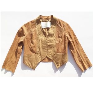 Camel Tan Shawl Collar Paneled Leather Jacket 0 XS
